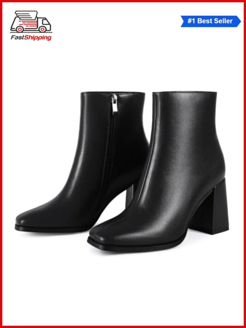 Womens Square Toe Ankle Boots Chunky Block Heel Side Zipper Booties
